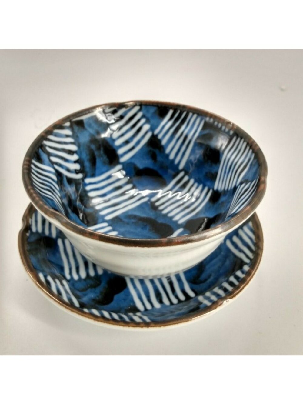 Bone China Blue & White Rice Bowl & Saucer Japanese - Maker signed